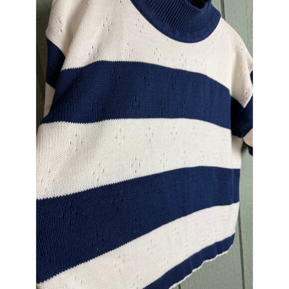 Vintage 80s Navy White Stripe Knit Top Short Sleeve Mock Neck Made in USA - Picture 2 of 6